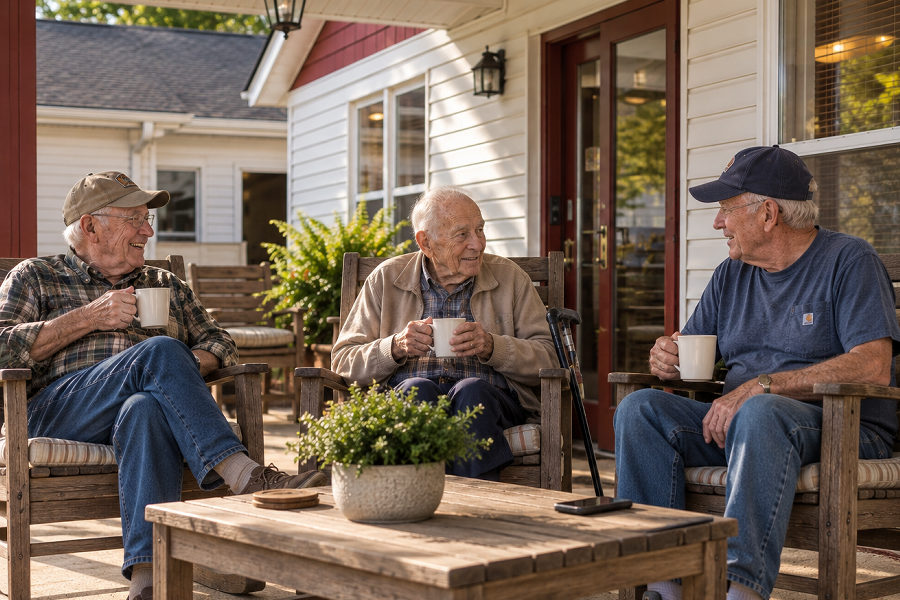 Three residents sharing coffee and conversation on the front porch of a Just Like Home residence