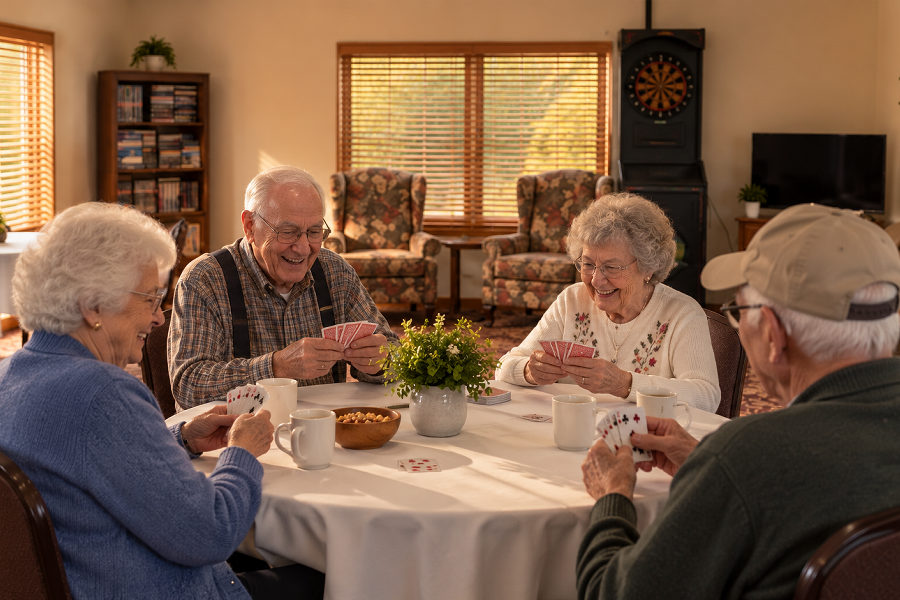 Four Just Like Home residents laughing over a game of cards in the common room