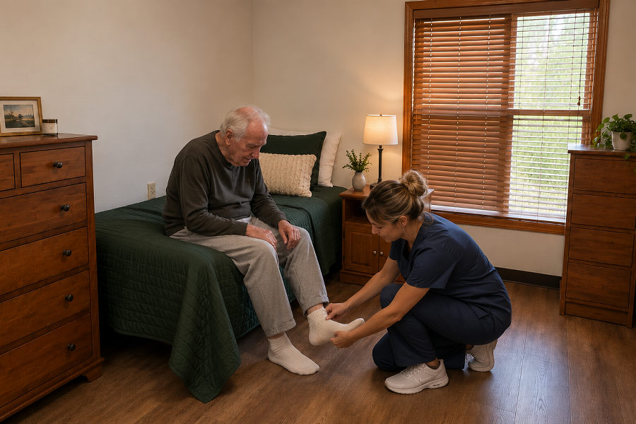 A caregiver helping a Just Like Home resident with dressing in his private room