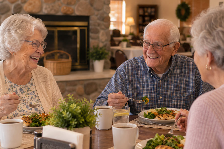 Residents enjoying a home-cooked meal together by the fireplace in the dining room