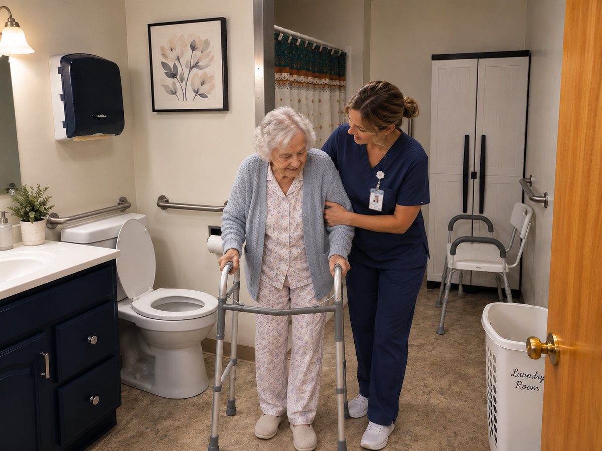 A caregiver steadying a Just Like Home resident using a walker in an accessible, grab-bar equipped bathroom