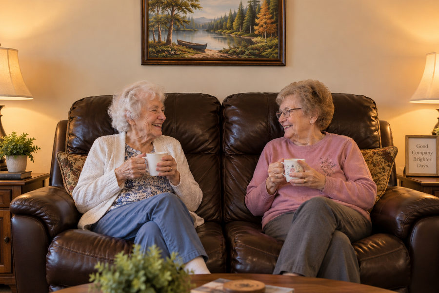 Two Just Like Home residents talking over morning coffee in the living room
