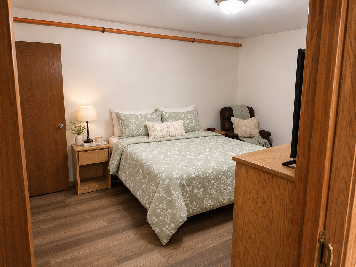 A private, furnished resident bedroom at a Just Like Home CBRF in Elkhorn, Wisconsin
