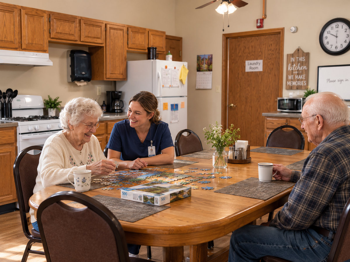 A Just Like Home caregiver working on a jigsaw puzzle with two residents at the kitchen table
